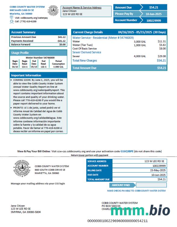 USA Cobb County Water System rachunek za media szablon w formacie Word i PDF, Wersja 2